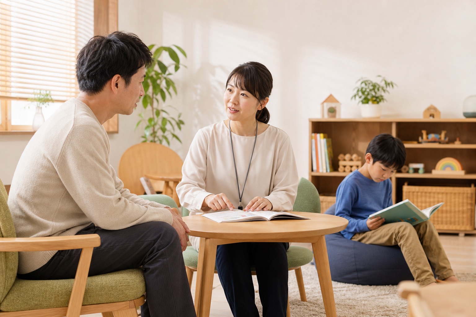 保護者がスタッフに相談し、子どもが近くで本を読む様子