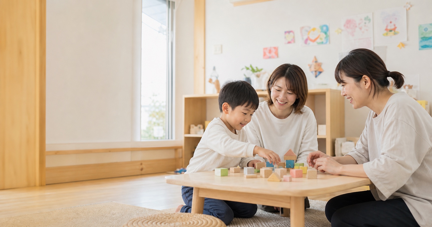 子どもが家族とスタッフと一緒に積み木で遊ぶ様子